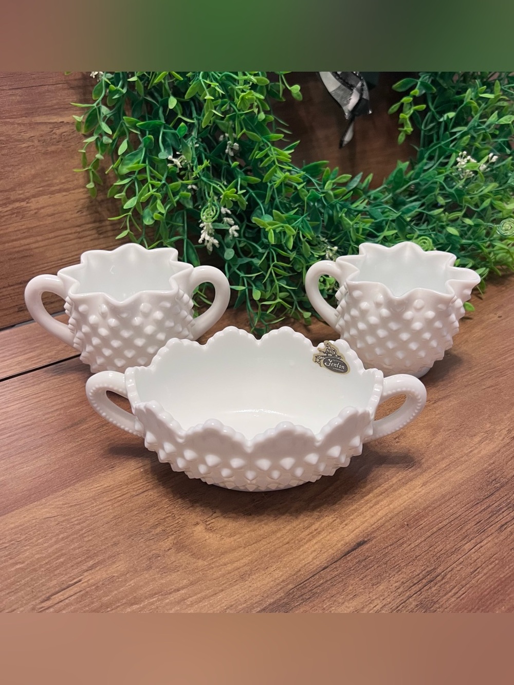 Fenton White Hobnail Milk Glass Two-Handle Bowl and Creamers Set